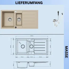 faizee home Granitspüle 2 Becken rechts Einbauspüle beige Handbetätigung 1000 x 500 mm