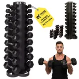 Hexagon Hantel Set 1-10 kg mit Hantelturm, Komplettes Hantelset mit Ständer mit 10 Paar Hex Hanteln, Kompakter Kurzhantel Ständer für Home Gym und Studio
