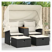 vidaXL Gartensofa 2-Sitzer mit Dach und Hockern Schwarz Poly Rattan