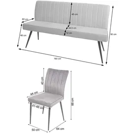 Mendler Esszimmer-Set HWC-K16, 2er-Set Stuhl+Sitzbank Esszimmergruppe Sitzgruppe Esszimmergarnitur, Samt Metall ~ hellgrau