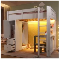 Odikalo Hochbett 90x200 Kinderbett mit Schreibtisch und LED (90x200 Hochbett mit 4 Schubladen und 1 Stauraumschrank, Unterbettschreibtisch, offenem Kleiderschrank, LED-Licht und USB, weiß)