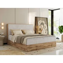 MKS Meble Boxspringbett WOOD CLASSIC, Komplett Set mit Multipocket-Matratze und Topper T25, Doppelbett für Schlafzimmer, hohe Kopfteil - 180 x 200... - Beige