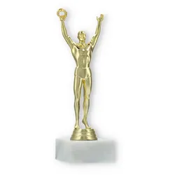 Pokal Kunststofffigur Sieger gold auf weißem Marmorsockel 21,6cm