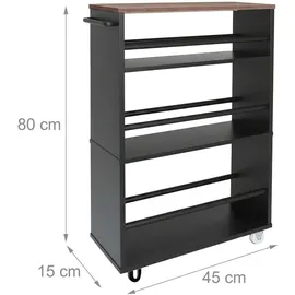 Relaxdays Nischenwagen, HBT: 80x15x45 cm, schmales Nischenregal Bad & Küche, 4 Ablagen, Rollregal Griff, schwarz-braun