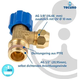 tecuro Eckventil 1/2 Zoll x 3/8 Zoll/Quetschverschraubung Ø 10 mm - DN 10, selbstdichtend, passend zu UP-Spülkasten