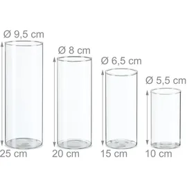 Relaxdays Vasen aus Glas, 4 Blumenvasen in versch. Größen, Glasvasen für Blumen & Kerzen, Tischvasen Set, transparent