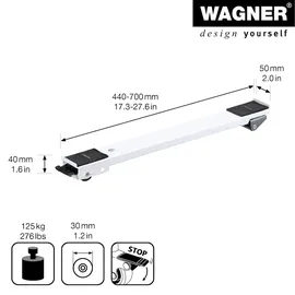 Wagner System GmbH WAGNER Transporthilfe SCHIENE - 44-70 x 5 x 4 cm, ausziehbar, Stahl, weiß, Räder Ø 30 mm, Tragkraft 125 kg