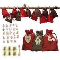 24 Adventskalender zum Befüllen, Adventskalender Stoffbeutel Säckchen mit 1-24 Sackleinen Taschen Jutesäckchen, - Rot