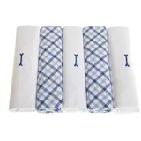 Herren Taschentücher mit Initialen bestickt mit Satin-Bordüre und blauen karierten Handtaschen, verschiedene Buchstaben, 5 Stück Gr. 5 Pack, I - 5 Pack