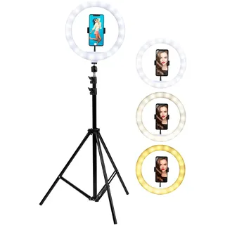 Grundig Selfie Ringlicht - Einstellbarer Ringlicht mit Stativ 70-195 cm - Handy Stativ mit Ringlicht - 120 LED Handystativhalter mit 3 Wärmestufen - Ring Light Flexibler Hals - USB Aufladbar - Schwarz