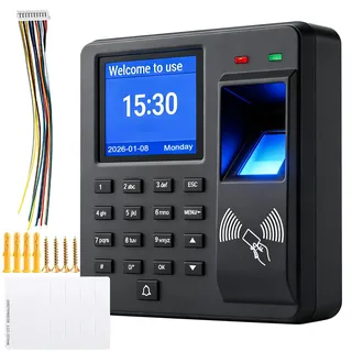 Zeiterfassung für Kleinbetriebe, Fingerabdruck Stempeluhr+RFID Zeiterfassung+Passwort, 1000 Fingerprint Zeiterfassungsgerät mit 5 RFID Karten, 12 Sprachen, Arbeitszeiterfassung für Eingangskontrolle
