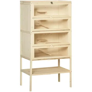 PawHut Kleintierkäfig 5 Etagen mit Gitterdach Rampen, Kleintierstall Käfig Nagerkäfig Meerschweinchenstall Tannenholz Naturholz 60 x 40 x 120 cm