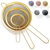Kyraton Gold Fein Masch Sieb Küche 3er, Mehlsieb zum Backen, Edelstahl Clander,Matcha Teesieb, Soßenabscheider, Stasher küchensieb Nudelsiebe