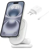 Belkin BoostCharge 2-in-1 magnetisches einklappbares Ladegerät Qi2, MagSafe-kompatibles 15 W, Schnellladegerät für Apple iPhone 16/15/14/13/12, induktive Ladestation, inklusive Netzteil – Weiß