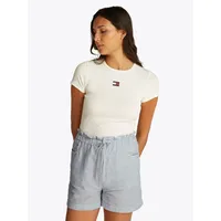 Shorts TOMMY JEANS "TJW COTTON LINEN SHORT", Damen, Gr. L (40), N-Gr, blau (colorado blau, stripe), Web, Obermaterial: 75% Baumwolle, 25% Leinen, gestreift, normal kurz, Hosen Shorts, mit Rüsche