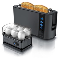 Arendo - 1000W Toster Langschlitztoaster für 2 Scheiben Toaster und Brötchenaufsatz + 6 Fach Eierkocher für 1-6 Eier - Frühstücksset Cool Grey