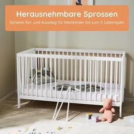 Kids Collective Babybett Kinderbett Gitterbett 60x120 und 70x140 cm mit Matratze höhenverstellbarer Lattenrost & herausnehmbare Sprossen stabiles ... | weiß