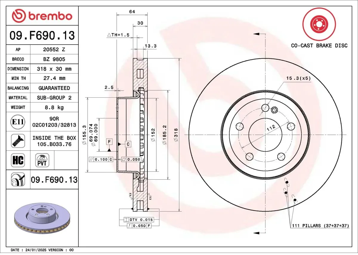 Remschijf PRIME LINE - Co-Cast BREMBO 09.F690.13, 1 stuk