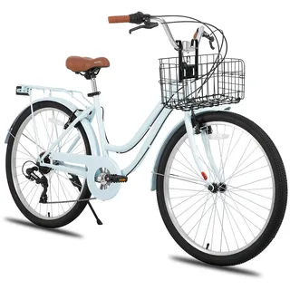 HILAND 26 Zoll Beach Cruiser Bike für Männer und Frauen, Step-Through Rahmen Cityräder für Erwachsene mit Gepäckträger und Korb, Herren und Damen 7 Gang Pendler Stadtfahrrad, Blau