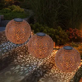 Expo Börse Solarlampe für Außen Kugel Solar Gartendeko Solarleuchte rost Erdspieß, Blumen Dekorstanzungen, Metall, LED warmweiß, D 20 cm, 2er Set