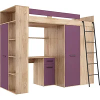 FurnitureByJDM Hochbett mit Schreibtisch, Kleiderschrank und Bücherregal - VERANA R - (Eiche Sonoma/Violett)