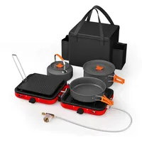 Campingkocher mit Grillplatte & Tragetasche, Camping Gaskocher für Camping, Wandern & Outdoor-Kochen, Gaskocher 2 Flammig, rot