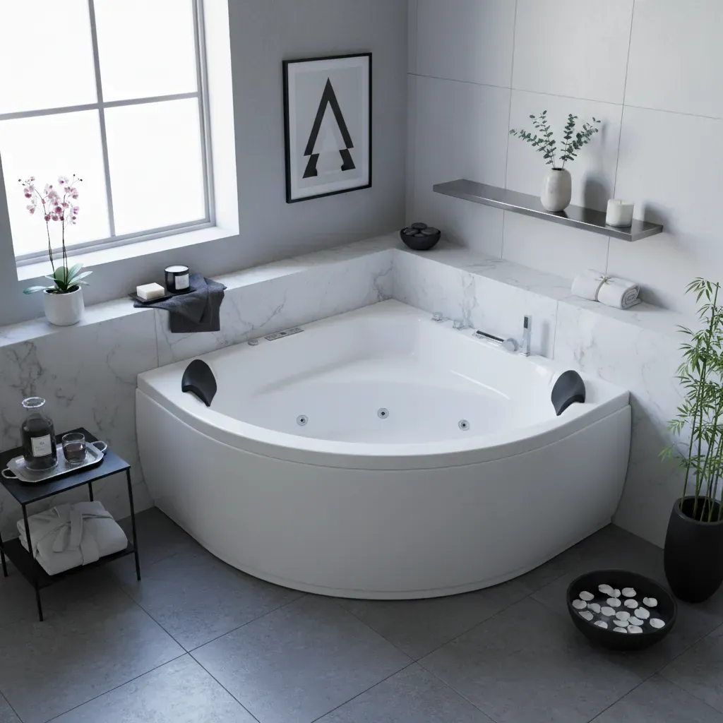 Indoor Whirlpool Eckbadewanne 155x155  cm, 13 Massagedüsen LED, Einbau für 1 Person, Glasfaser-Acryl, Caribia APOLLO Basic, Made in Germany