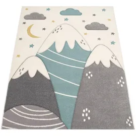 Paco Home Kinderteppich Kinderzimmer Pastell Blau Grau Berg Mond Sterne, strapazierfähig, 160x230 cm