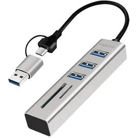 Logilink USB 3.0 Hub mit Kartenleser, 3 Ports, 2-in-1 Kabel, silber