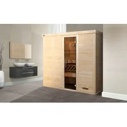Sauna WEKA "Design-Sauna KEMI 5", beige (natur), ohne Ofen, ohne Steuerung, (ohne Ofen), Saunen, Blockbohlen, moderne Ganzglastür