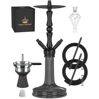 NOBLE HOOKAH 77cm Shisha Set 2 Schläuche aus Aluminiumrohr mit 2 Anschlüssen und komplettem Shisha Zubehör - Shisha Kopf, schöne Glasvase, Melassefänger, 2 Schläuche und Griff (Schwarz)