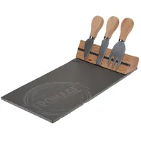 Spetebo Käseplatte Set aus Schiefer und Bambus 4-teilig - 30 x 15 cm - Servierplatte inklusive Besteck und Magnet Halterung - Schieferplatte Käsebrett Buffet Platte mit Käsemesser lebensmittelecht