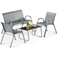 Wiltec 4-teiliges Gartenmöbel Set Hellgrau, Sitzgruppe Gartentisch mit Glasplatte, Lounge Set mit 2-Sitzer-Bank und 2 Gartenstühlen max. je 120 kg