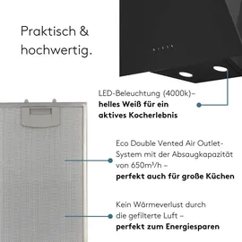 Wiggo Dunstabzugshaube 60cm kopffrei I Abluft Umluft Dunstabzug 650m3/h - Touch-Display 4 Stufen I Energieeffizienzklasse A Schräghaube inkl. Fet... - schwarz