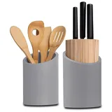 GRAURAUM Messerblock Set inkl. Kochlöffelhalter (2tlg), Rund, 21cm, unbestückt grau