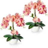 PASCH® 2er Set Orchideen künstlich in Hochglanz-Keramiktöpfen (40cm) | Kunstblumen im Topf | Kunstblumen wie echt | künstliche Orchideen im Topf | künstliche Blumen (2 x Hellrosa)