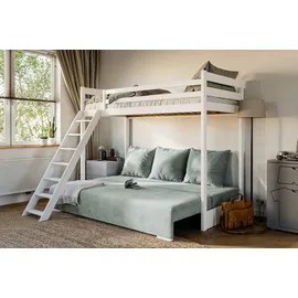 dein schlaf 24 Etagenbett Jugendbett Couch SIDNEY 90x200/140x200 mit Schlaffunktion Couch in Cord Samt inkl 3 große Kissen Weiss Grau Funktionsbett aus Kiefernholz - Weiß/Grau