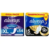 Kombipaket Slipeinlagen & Binden: Daily Extra Protect Slipeinlagen Long Plus (54 Stück) + Always Ultra Binden Gr. 5 mit Flügeln, Secure Night Extra, 64 Damenbinden (4 x 16 Stück)