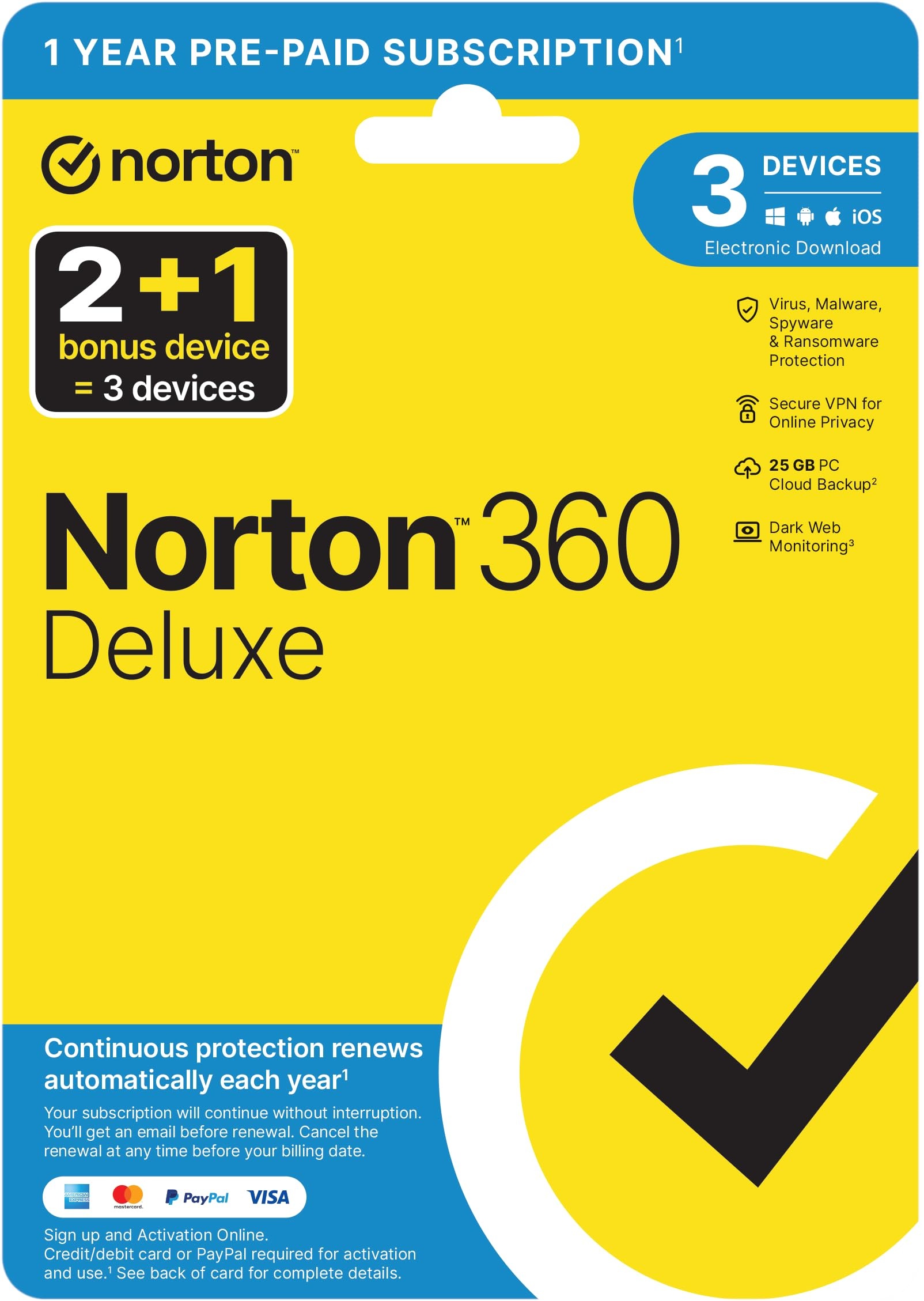 Norton 360 Delux 2022 Antivirus Software für 3 Geräte, 12 Monate Abonnement, Deluxe, 3 Geräte, 12 Monate, PC, Download