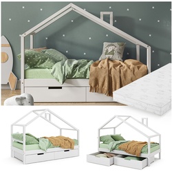 VitaliSpa Kinderbett Lori 160x80cm Weiß Hausbett inkl. Matratze & Schublade