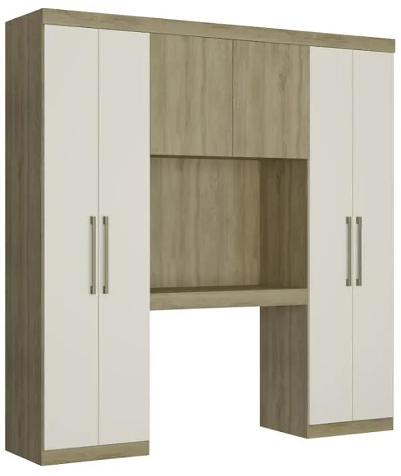 Bettüberbau mit 6 Türen, Kleiderschrank & Stauraum - L. 200 cm - Eichefarben & Elfenbeinfarben - ANTERO II