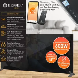 Kesser KESSER® Infrarotheizung Glaskonvektor Glasheizung Energiesparend 2in1 Standgerät & Wandmontage Elektroheizung mit Erkennung Offener Fenster + Fernbedienung & App-Steuerung Thermostat Heizpaneel