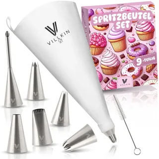 Villkin Spritzbeutel-Set 9-teilig mit 6 verschiedenen Edelstahl Spritztüllen und 34cm Spritztüte - wiederverwendbar und spülmaschinenfest - Für Dekorationen auf Torten, Kuchen und Keksen