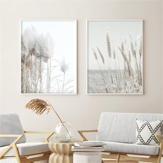 Herfair Bilder Wohnzimmer, 2er Set Beige Pampasgras Wandbilder Poster Schlafzimmer, Boho Kunstdruck Leinwandbild, Ohne Rahmen Wanddeko Bilder (40 x 50 cm)