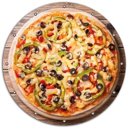 Wallario Sichtschutzzaunmatten Italienische Pizza mit Peperoni, Oliven. Paprika und Käse, rund gelb 90 cm