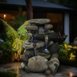 Köhko Gartenbrunnen Kieselstein mit 4X LED Beleuchtung
