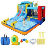LUCKZON Hüpfburg für Kinder Alter 3–12 Jahre, aufblasbar, für draußen/drinnen, mit Gebläse, mit Rutsche, Kletterwand u. Bällebad/Planschbecken blau