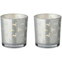 Edzard 2er-Set Teelichtglas Hiti (Höhe 8 cm, Ø 7 cm), Motiv Rentiere, außen grau, innen Gold - Windlicht, Kerzenglas
