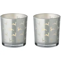 Edzard 2er-Set Teelichtglas Hiti (Höhe 8 cm, Ø 7 cm), Motiv Rentiere, außen grau, innen Gold - Windlicht, Kerzenglas