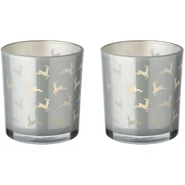 Edzard 2er-Set Teelichtglas Hiti (Höhe 8 cm, Ø 7 cm), Motiv Rentiere, außen grau, innen Gold - Windlicht, Kerzenglas